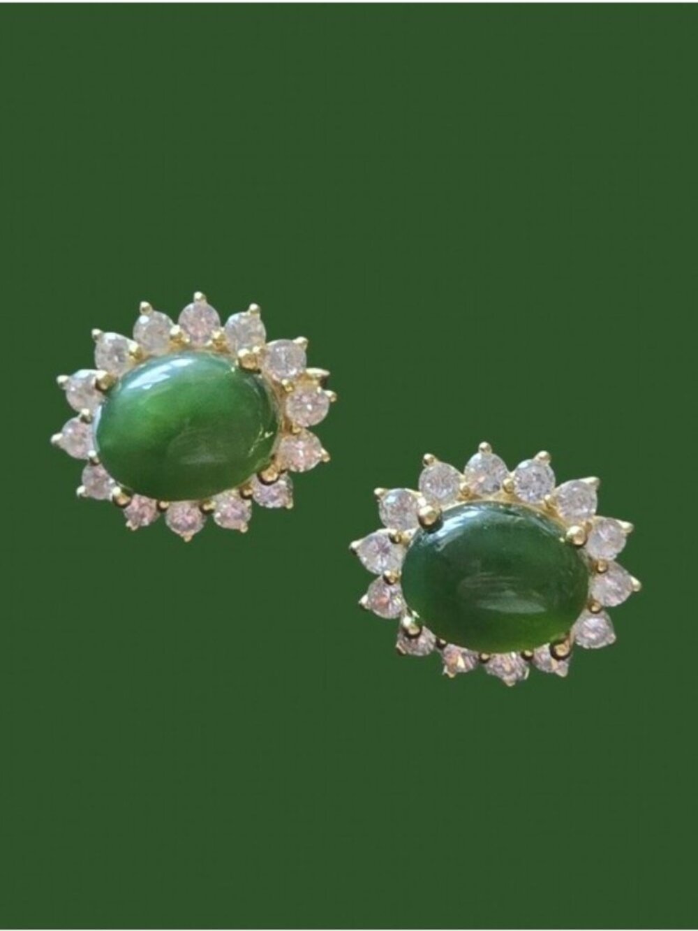 925 Sterling Silver 14K Gold Plated Earrings 10x13m with Natural Jade Gem & CZ